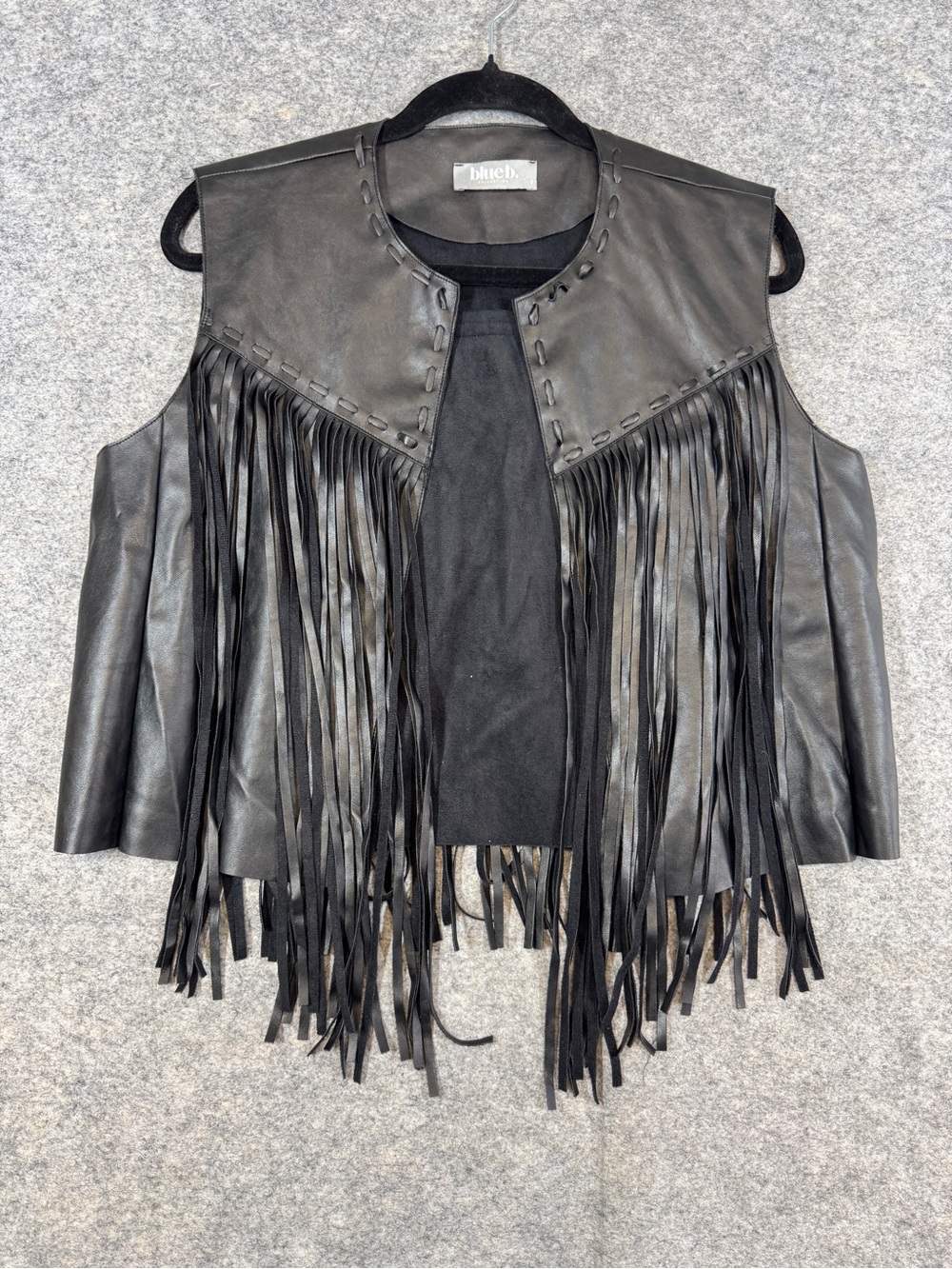 Black Faux Leather Fringe Vest Open Front Western Boho Festival Punk Rock Goth